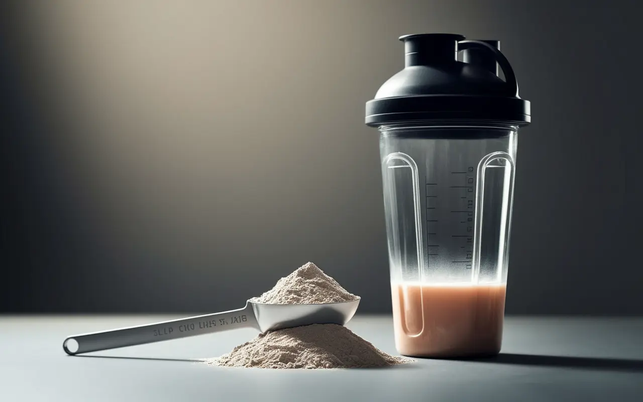 Mesure de la créatine en poudre dans une cuillère doseuse à côté d'un shaker protéiné sur un fond minimaliste.