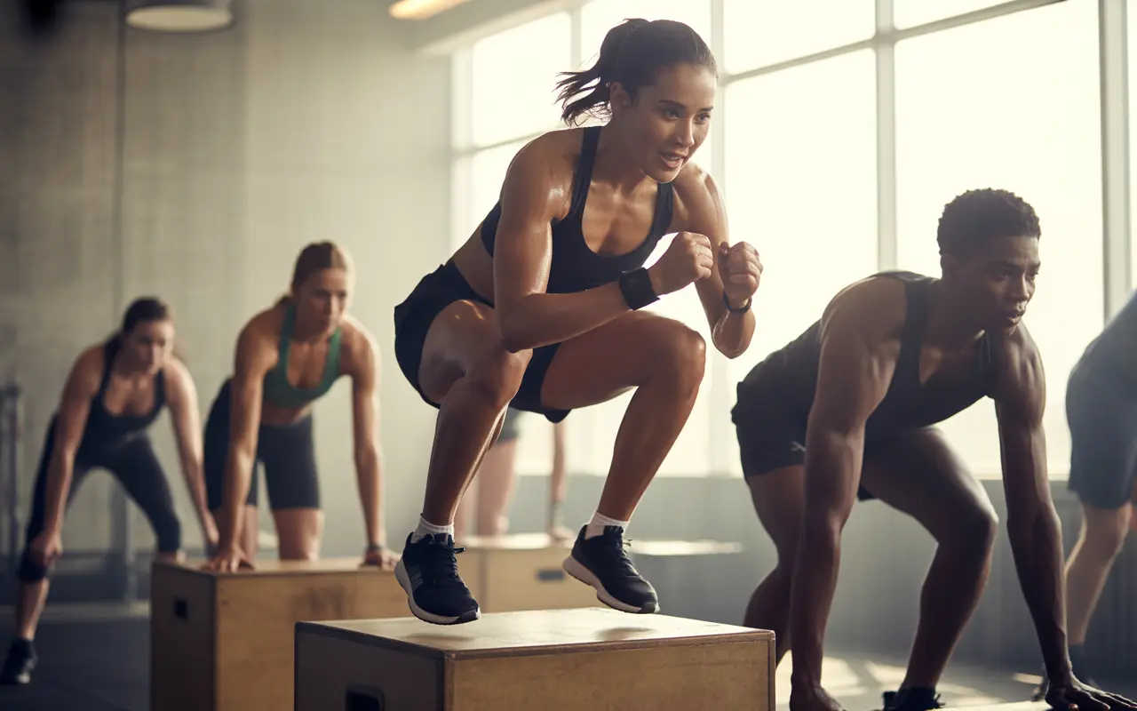 Des athlètes divers pratiquent le sport pour rester jeune lors d’un entraînement HIIT dans une salle de gym moderne et lumineuse.