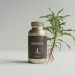 Photo esthétique et minimaliste d'une bouteille de complément haut de gamme avec des éléments de plante d'ashwagandha sur fond blanc épuré en studio.
