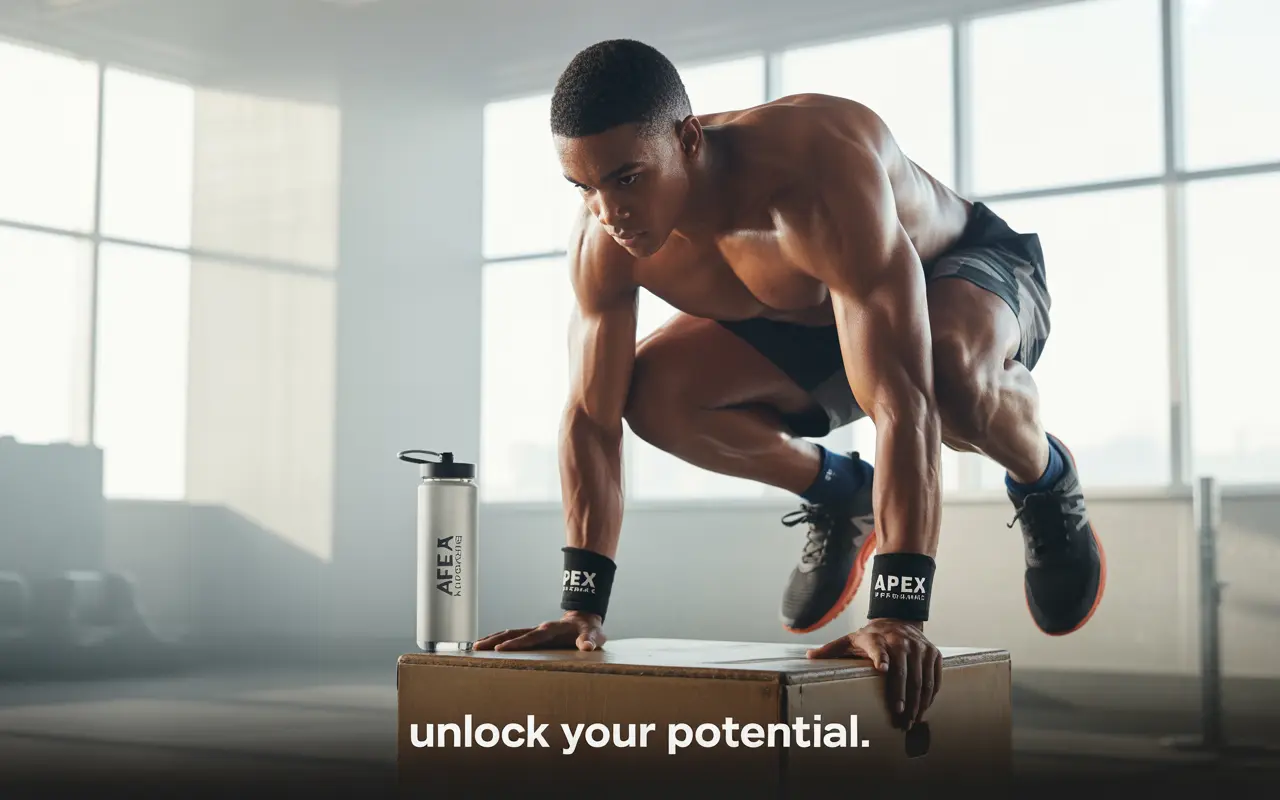 Un athlète masculin musclé effectue un saut de boîte dans une salle de sport moderne, mettant en avant la force et la puissance explosive, avec un accent sur le lien entre ashwagandha et testostérone.